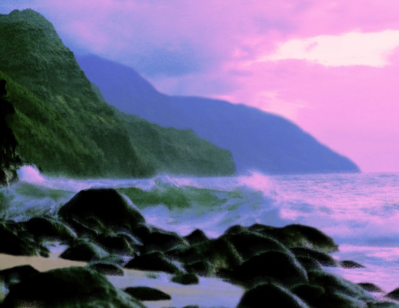 A photograph of the ocean waves crashing against rocks with a sunset and mountains in the background
